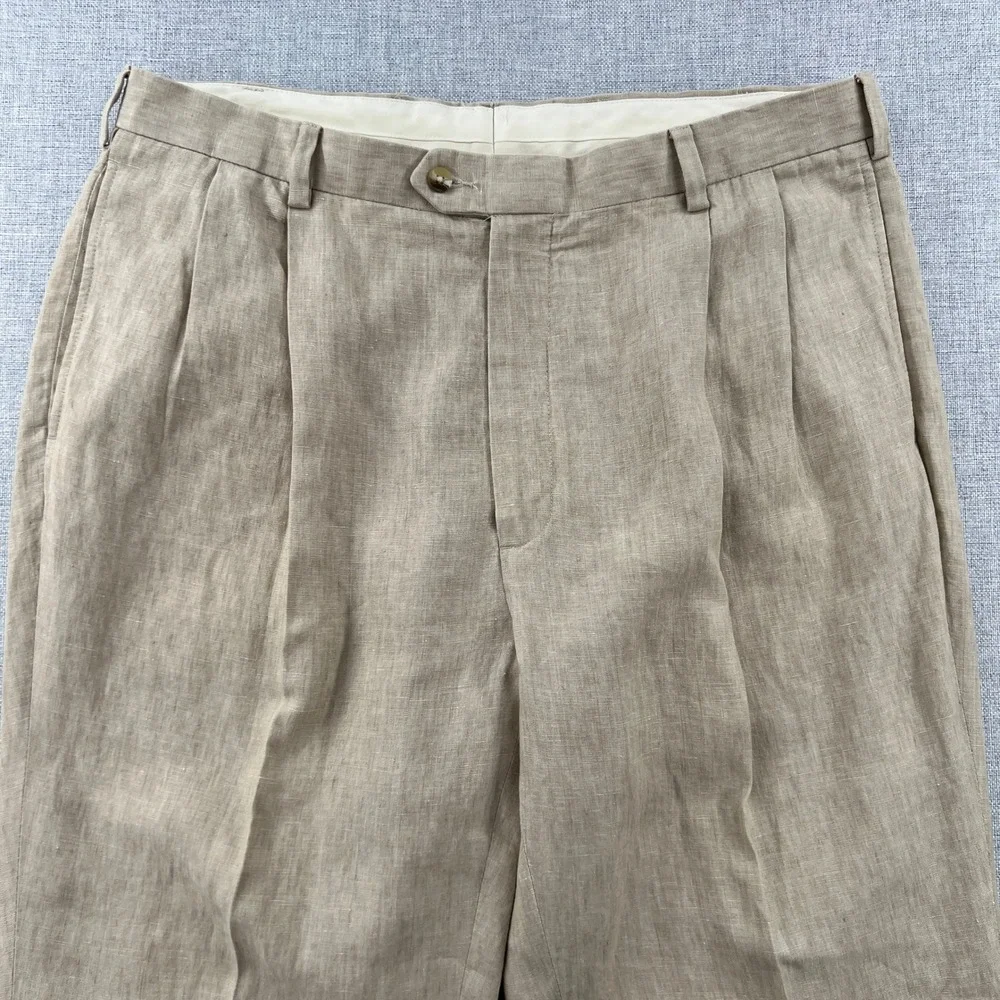 Jos A Bank Travelers Collection Mens 38x30 Beige 100% Linen Pleated Pants Cuffed